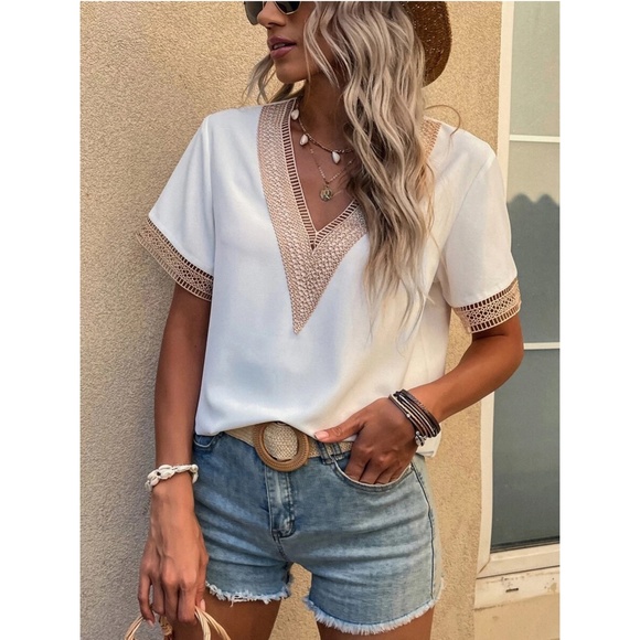 White Tan Neutral Contrast Lace Short Sleeve Blouse Small - Picture 4 of 12